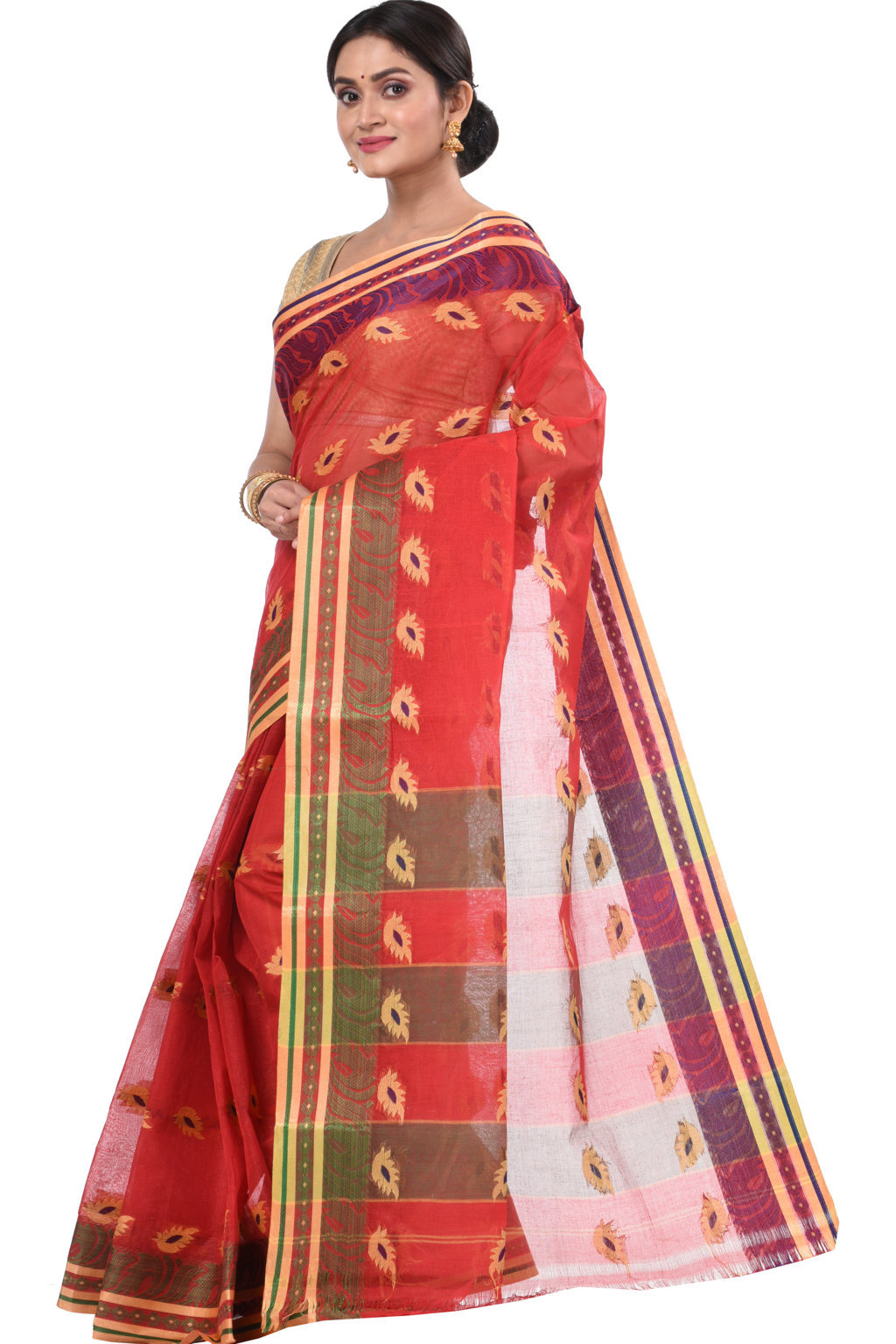 Red Pure Cotton PataButi Tant Saree (525)